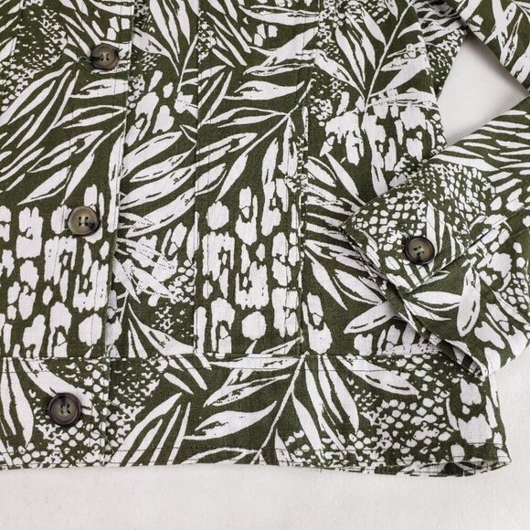 Tahari Linen Blend Button Up Jacket Womens Medium Green Leaf Print Lightweight - Picture 2 of 8